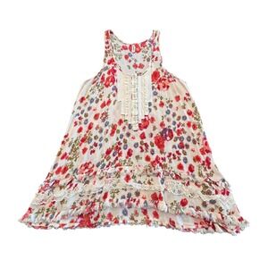 Free People Floral‎ Babydoll Tunic L Boho Ruffle Raw Hem Peasant Coastal